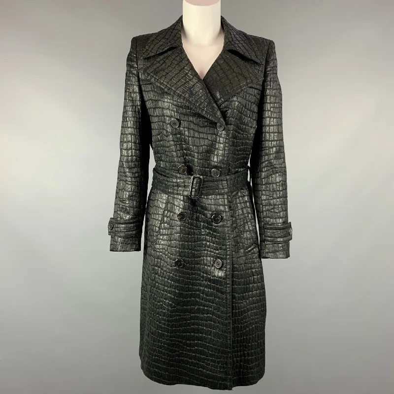 DRIES VAN NOTEN Size 6 Black Textured Acetate Blend Belted Trench Coat Peter Pan Collar Cowl Neck Turtleneck DRIES VAN NOTEN Size 6 Black Textured Acetate Blend Belted Trench Coat Peter Pan Collar Cowl Neck Turtleneck