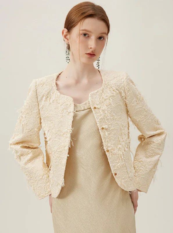 Elegant Boucle Pearl Button Coat Three-Quarter Sleeve Elbow Sleeve Wrist Sleeve
