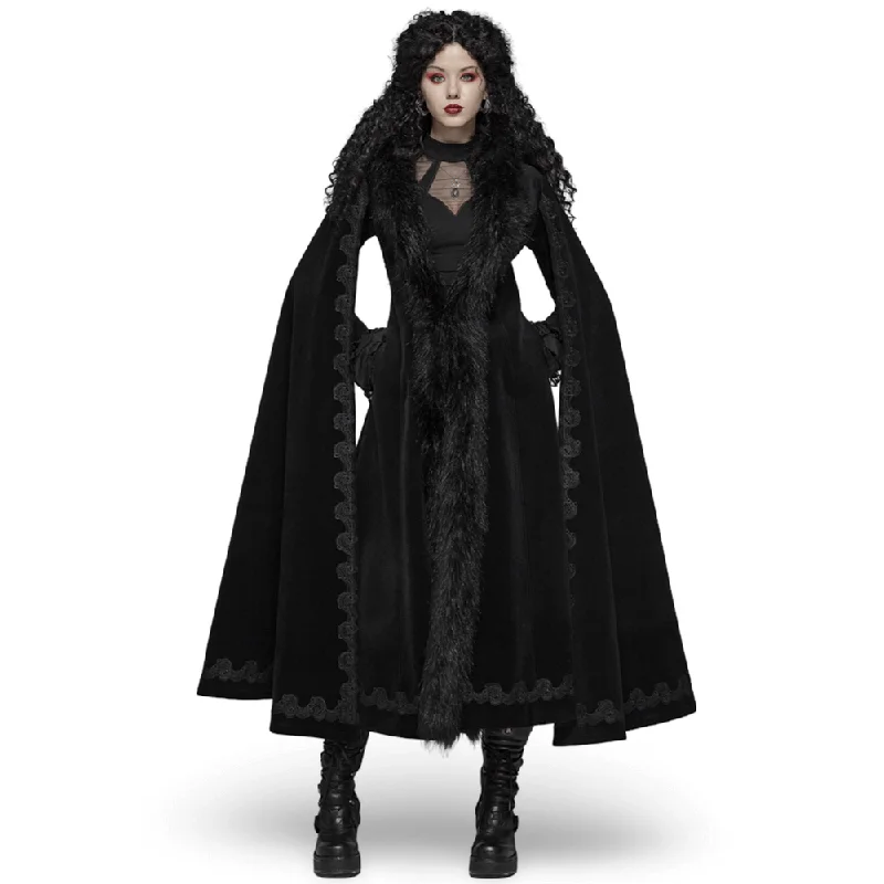 Enchanting Gothic Vintage Velvet Long Coat with Fur Appliqued Beaded Sequined