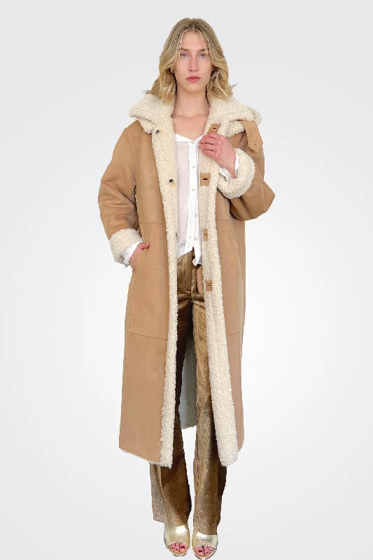 Faux Fur Reversible Coat - Cream Brown Square Neck One-Shoulder Off-the-Shoulder