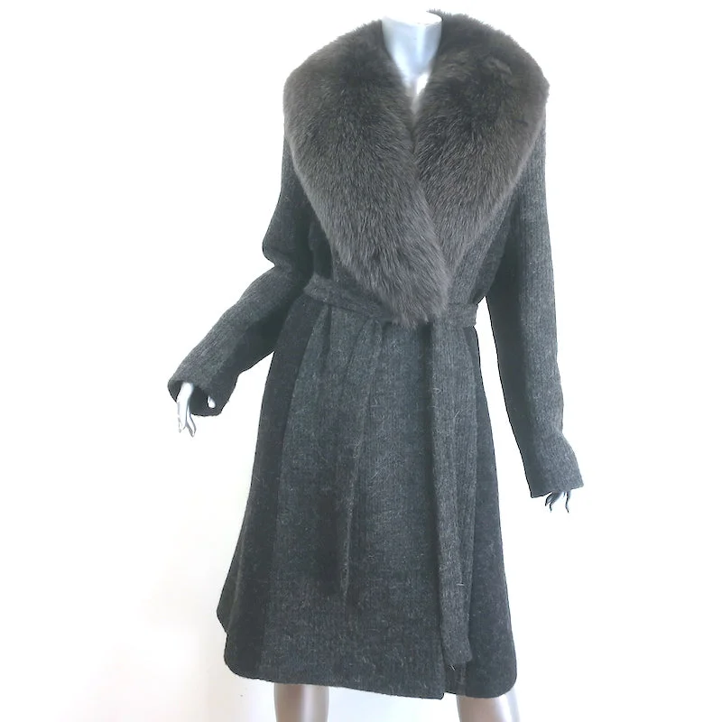 Fleurette Fox Fur Collar Wrap Coat Dark Gray Wool-Blend Size 14 empire Basque Peplum Fleurette Fox Fur Collar Wrap Coat Dark Gray Wool-Blend Size 14 empire Basque Peplum