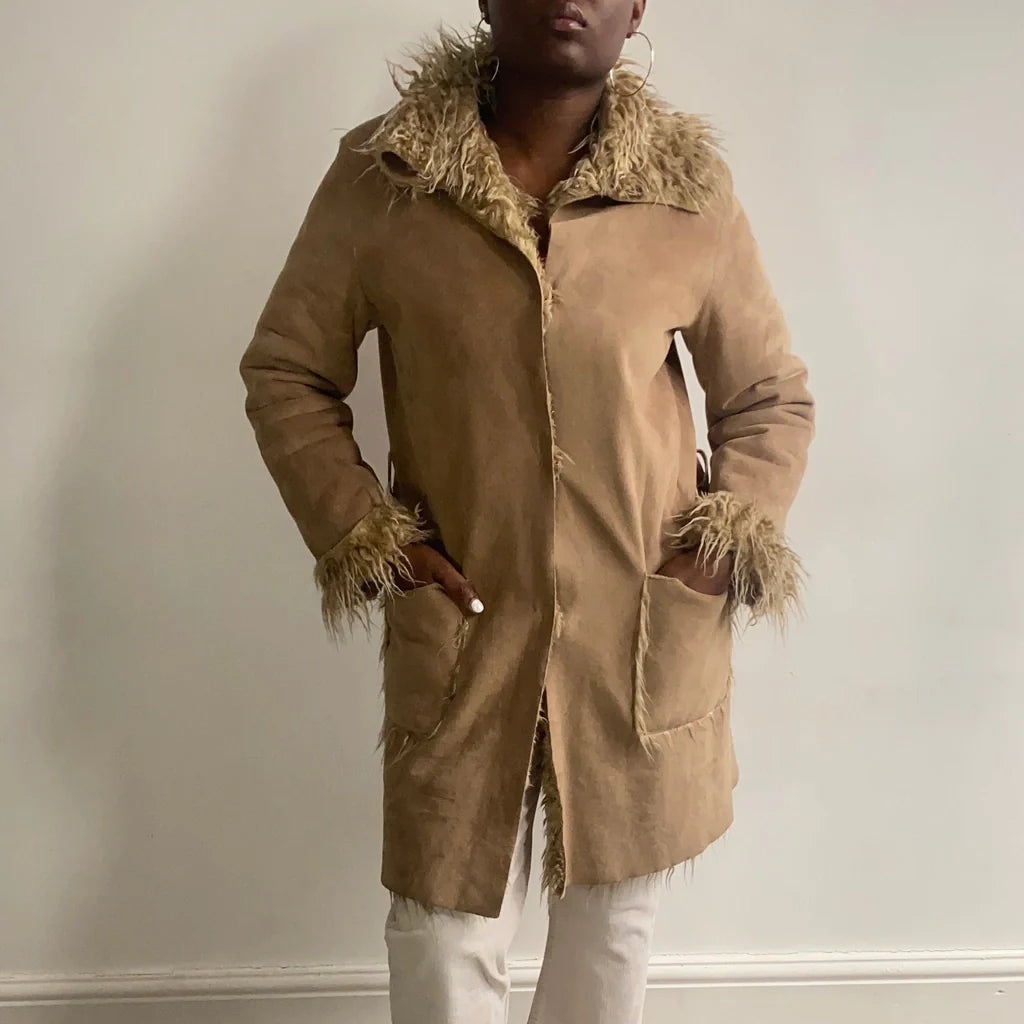 Gianfranco Ferre Afghan Coat - Medium Brown Suede Hooded Jacket Zipper Jacket Button Jacket