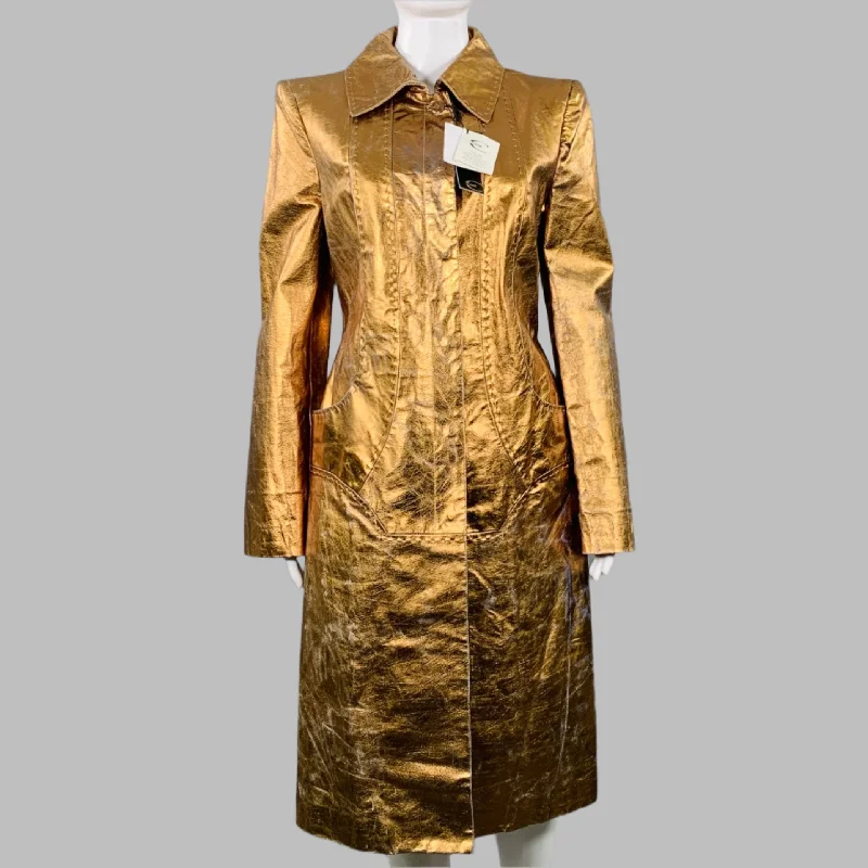 JUST CAVALLI Size 4 Gold Metallic Leather Distressed Snaps Coat Houndstooth Jacket Shearling Jacket Fleece Jacket JUST CAVALLI Size 4 Gold Metallic Leather Distressed Snaps Coat Houndstooth Jacket Shearling Jacket Fleece Jacket