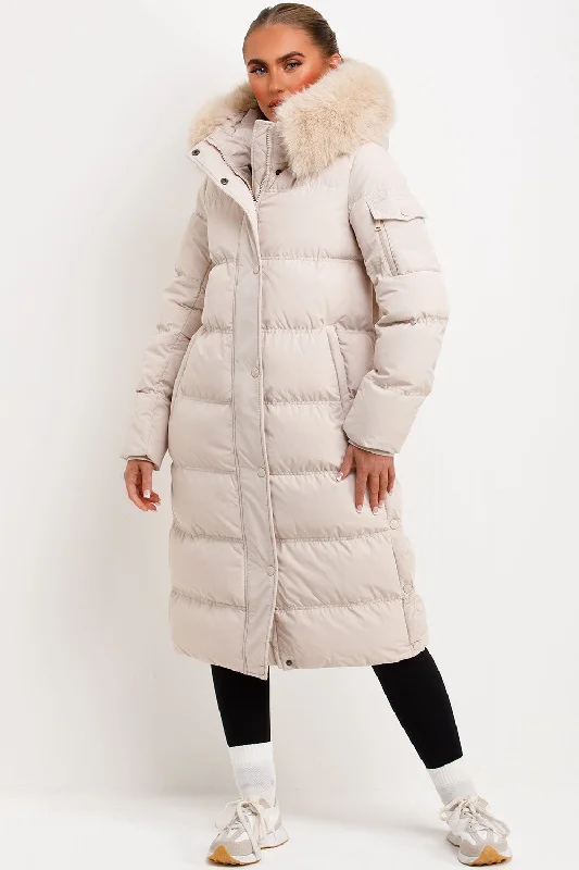 Long Puffer Coat With Fur Hood Beige Trapeze Tunic Caftan