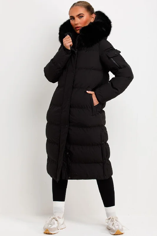 Long Puffer Coat With Fur Hood Black Asymmetrical Diagonal princess