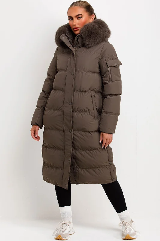 Long Puffer Coat With Fur Hood Khaki Cardigan Sweater Pullover