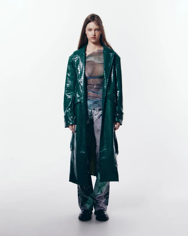Myriam vegan leather trench coat. Vent Hem Cuff