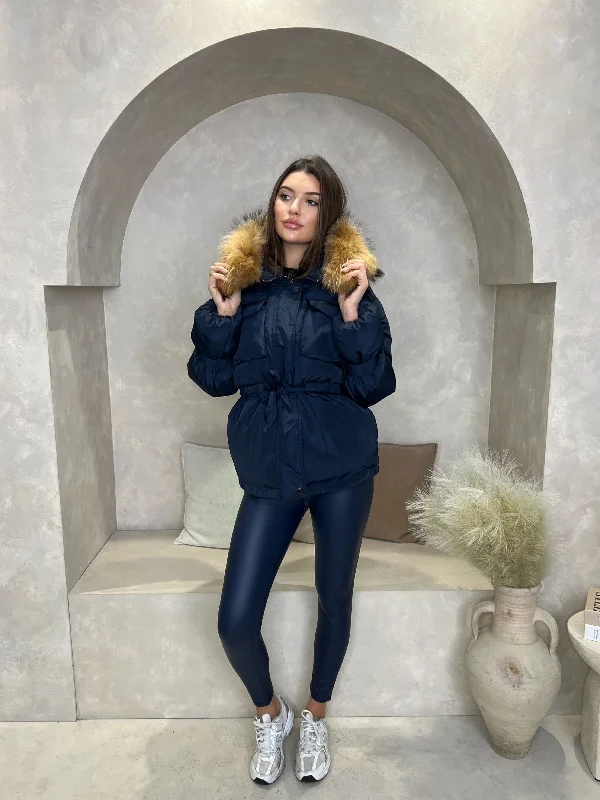 Navy/Natural Drawstring Luxury Fur Padded Belted Coat Front Pockets Side Pockets Patch Pockets Navy/Natural Drawstring Luxury Fur Padded Belted Coat Front Pockets Side Pockets Patch Pockets