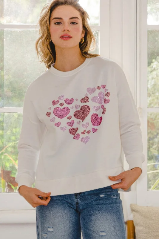 Hearts Hotfix Rhinestone Oversized Pullover Puff Sleeve Stylish