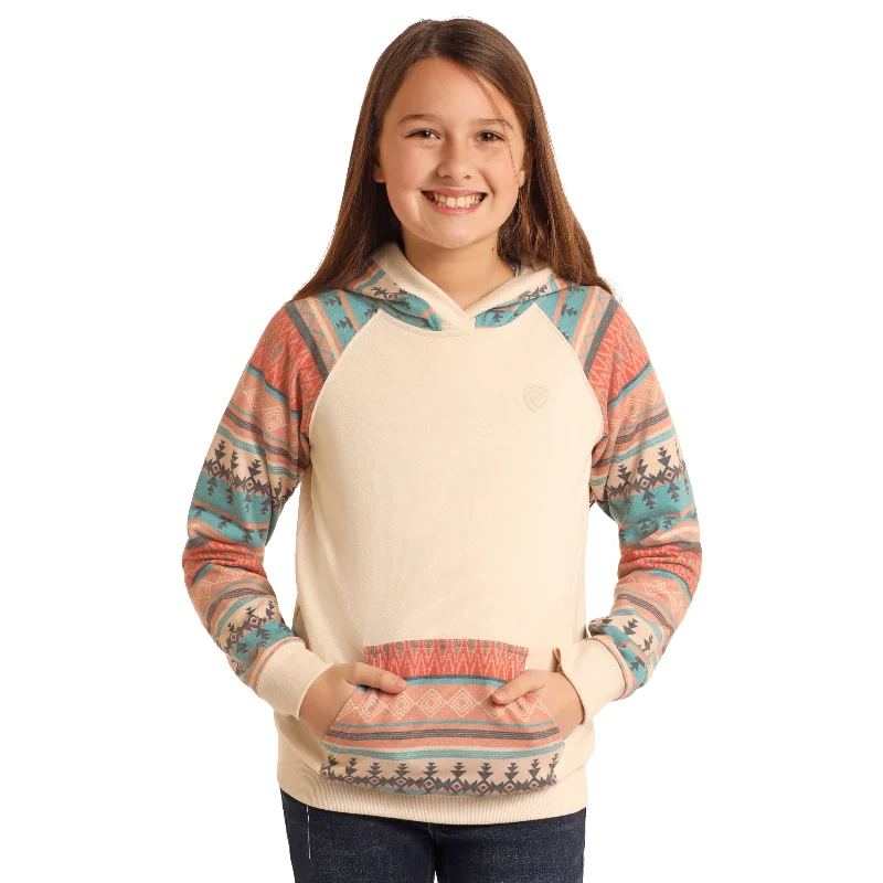 Panhandle Girl's Contrast Sleeves Turquoise Pullover Hoodie BG94T05213 Gathered Sleeve Pullover Panhandle Girl's Contrast Sleeves Turquoise Pullover Hoodie BG94T05213 Gathered Sleeve Pullover