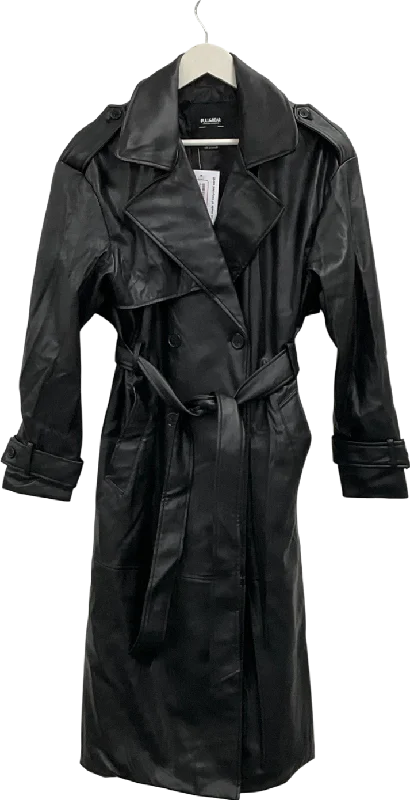 Pull&Bear Black Belted Faux Leather Trench Coat UK S Stand-Up Roll-Neck Turtle