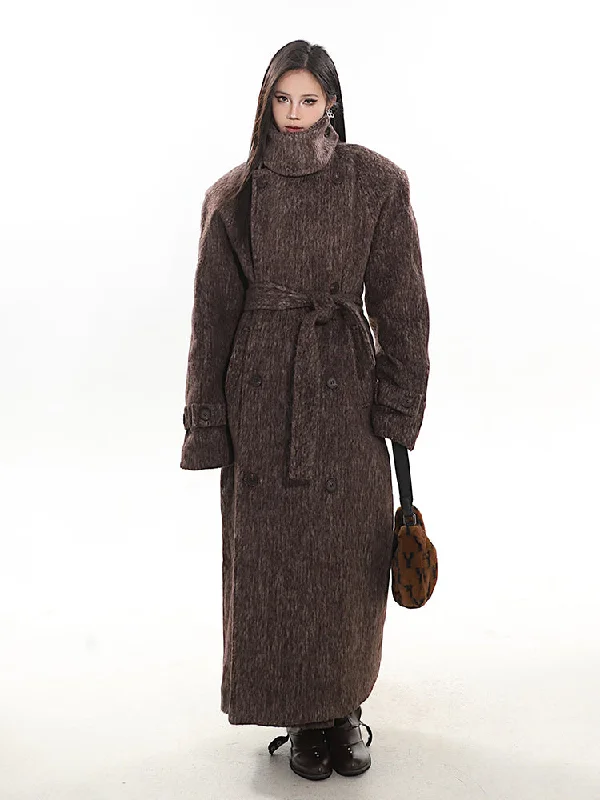 Turtleneck Wool Maxi Coat Tie-Waist Belted Drawstring