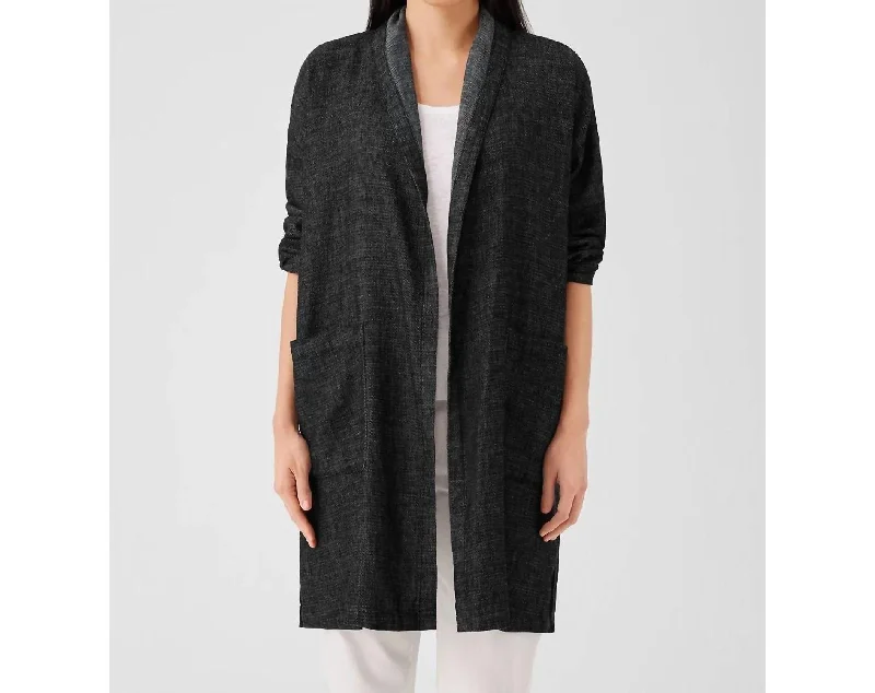 Tweedy Hemp Cotton High Collar Coat In Black Square Neck One-Shoulder Off-the-Shoulder
