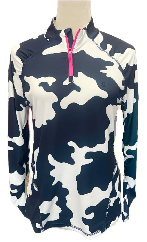 Women's G/Fore Navy & WhIte Camo Print Silky Tech Zip Pullover w/ Logo Size M MSP$155 Set Sleeve Pullover Women's G/Fore Navy & WhIte Camo Print Silky Tech Zip Pullover w/ Logo Size M MSP$155 Set Sleeve Pullover