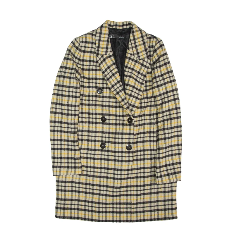 ZARA WOMAN Pea Coat Yellow Check Womens S Trim Padded Insulated