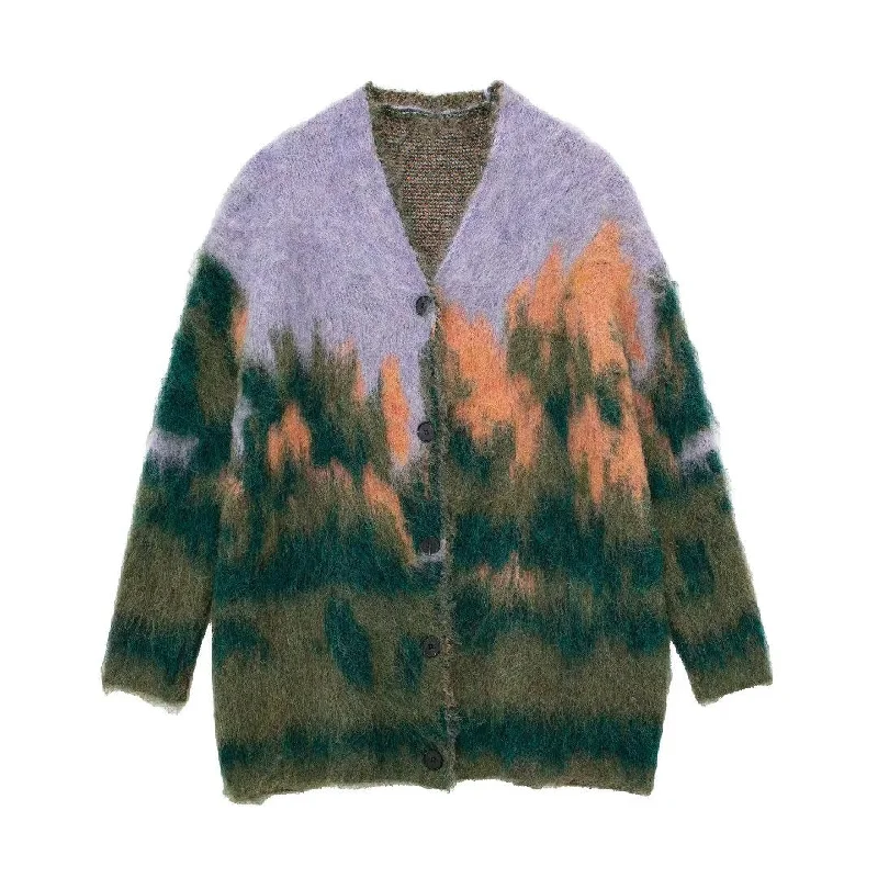 Znbbw New Landscape Pattern V-Collar Loose Knitted Coat Coat 2893116 Trench Raincoat Windbreaker Znbbw New Landscape Pattern V-Collar Loose Knitted Coat Coat 2893116 Trench Raincoat Windbreaker